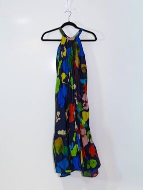 Whit Two Floral Flower Abstract Print Pattern Cotton Halter Midi Pullover Dress